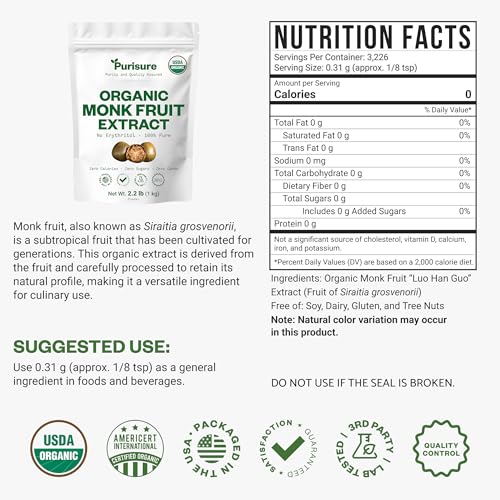 Image of Organic Monk Fruit Extract Powder 1kg, Pure Monk Fruit Sweetener, No Erythritol or Additives, Zero Calorie Sugar Substitute, Keto & Paleo Diet Friendly, 3226 Serving