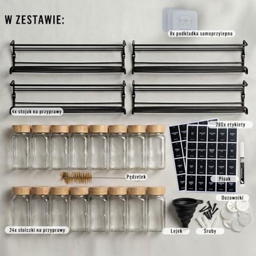 Deco haus® Stojak na przyprawy na ścianę bez wiercenia z 24 Słoiczki, 280 Etykiet, Pędzelek, Haczyki, Lejek - Regał na przyprawy - Regał ścienny z Słoiczki
