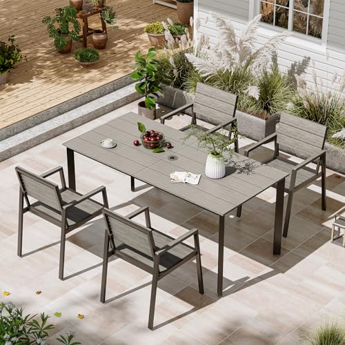 Image of Patio Table and Chairs Set, 5 Piece Outdoor Dining Set with Umbrella Hole, HDPS + Aluminum Patio Furniture Set for Garden (Gray)