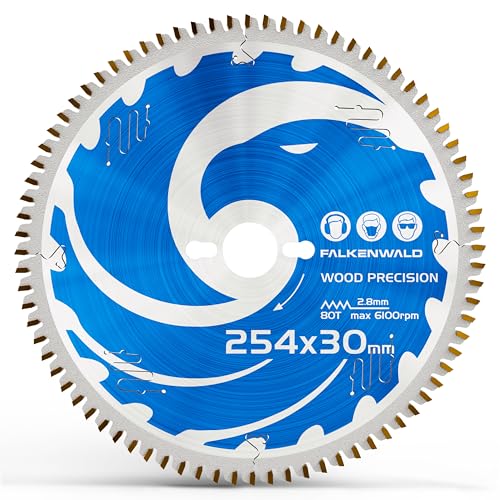 FALKENWALD - Lame de scie pour bois 254 x 30 mm Precision, lame de scie circulaire 254 x 30 mm avec 80 dents en carbure, compatible avec Bosch GTS 10 XC, PTS 10 table saw & Metabo mitre saw KGS 254 M