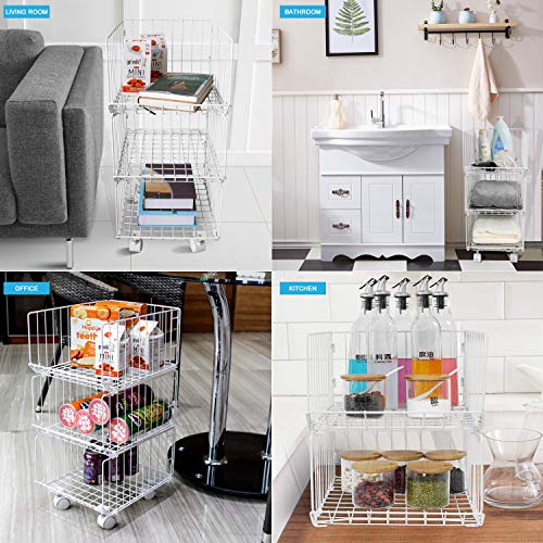 Storage Organizer, Foldable Stackable Storage Bins 3 Tiers Rolling Metal Wire Cart Baskets with 4 Wheels DIY Closet Organizer for Bathroom Bedroom Kitchen Living Room Office - Thumbnail 3