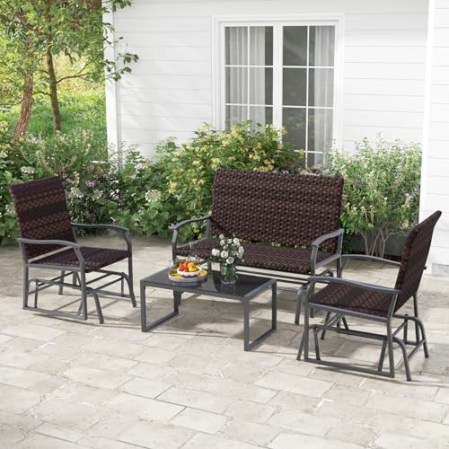 Image of Tangkula 4 Pieces Patio Gliding Set, All Weather Resistant Wicker Swing Glider Set w /Tempered Glass Coffee Table, Rattan Seat w /Quick Dry Foam, Rocking Chair Set for Backyard, Poolside, Front Porch