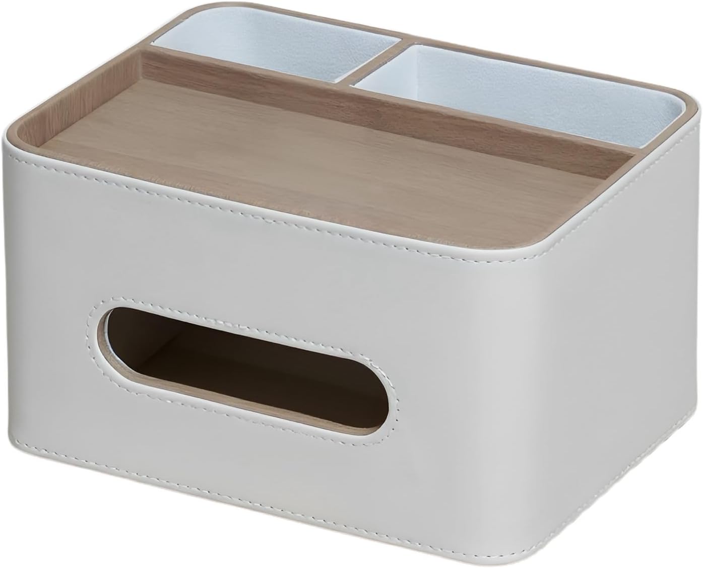 Pu Leather Tissue Box Cover, 8.6 in Wood Grain Desk Organizer, Cream White, 2-in-1 Remote Control Holder with Compartments, Multifunctional for Home, Office