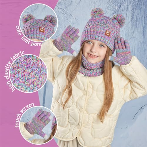 Kids Winter Hat Gloves Scarf Set Beanie with PomPom Fleece Lined Warm Touch Screen for Boys Girls Christmas Gift4