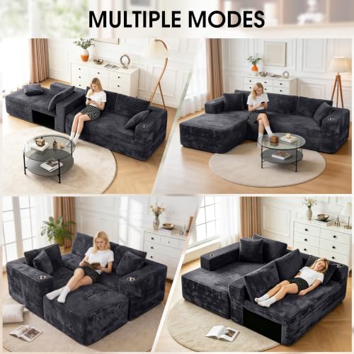 Image of Cloud Sectional Boneless Couches for Living Room,Modular Sectional Sofa with 2 Cup Holders,Memory Foam Cloud Couch with L Shaped Oversized Chaise,No Assembly Needed Plush Corduroy Sofa,Dark Gray