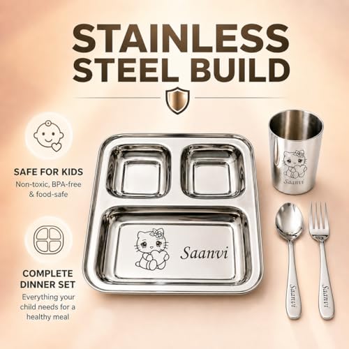 Image of SAVRI Personalized Stainless Steel Mealtime Printed Dish - Customized Gift for Boy, Baby Girl - Name and Favorite Character Engraved - Ideal for Birthday Gifting - 4 Pcs (1 Set)