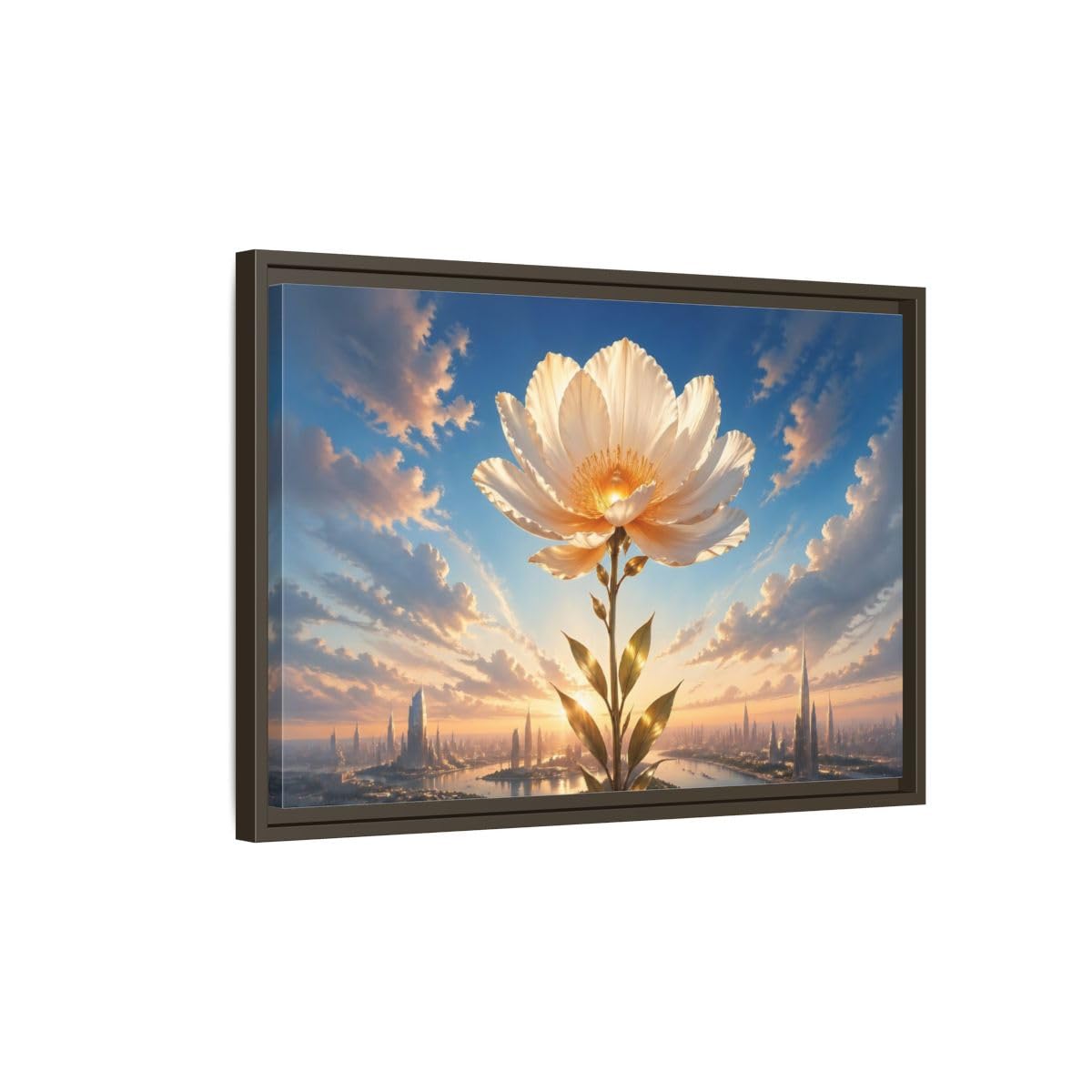 Science Fiction Golden Flower White and Framed Canvas Wall Art - Living Room Decor, Above Couch 24×16 inch (60×40 cm) - Horizontal/Black / 1.25 inch (3 cm)