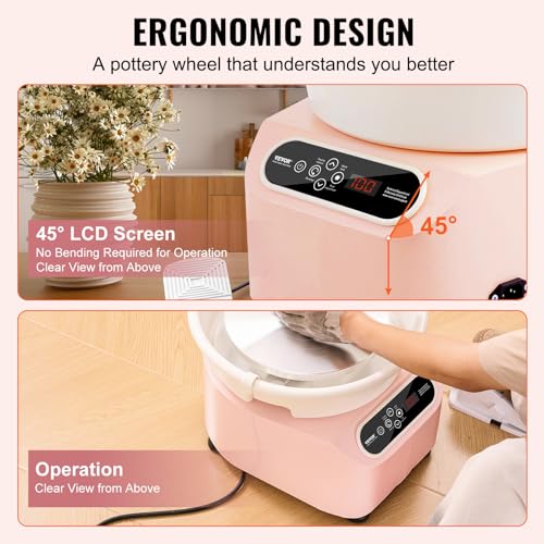 Image of VEVOR 25CM Pottery Wheel for Adults Beginners, Direct Drive Ceramic Pottery Wheel with LCD Touch Screen Foot Pedal 50-300RPM Adjustable Speed, 350W Electric Wheel for Pottery Art Craft DIY, Pink