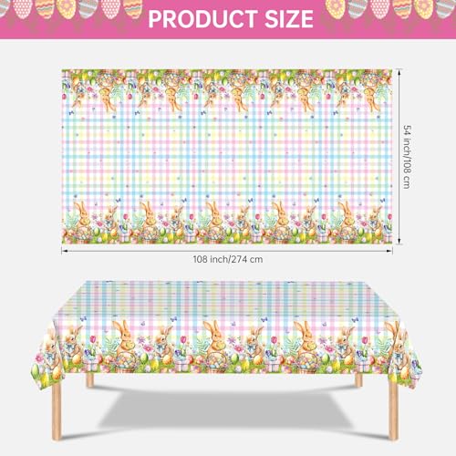 2-Pcs-Easter-Bunny-Tablecloth-Easter-Plastic-Buffalo-Plaid-Tablecloth-Spring-Flower-Cute-Rabbit-Colorful-Eggs-Rectangle-Table-Cover-for-Table-Decorations-Party-Decor-Supplies-Favors-108-x-54-Inch 2 Pcs Easter Bunny Tablecloth Easter Plastic Buffalo Plaid Tablecloth Spring Flower Cute Rabbit Colorful Eggs Rectangle Table Cover for Table Decorations Party Decor Supplies Favors 108 x 54 Inch