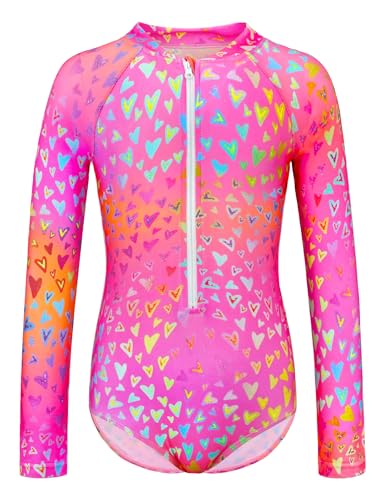 Girls Long Sleeve Swimsuit Zipper Rash Guard Bathing Suit Swimwear with UPF 50+ Sun Protection for Toddler Kids