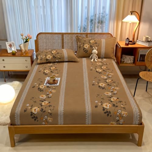 Image of VOMZER Queen Size (60x78) 300 TC Soft Cotton Feel Microfiber All Around Elastic Fitted Queen Bedsheet with 2 Pillow Covers | Beige Lily