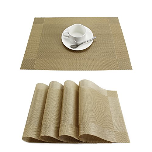 GEFEII Manteles individuales de vinilo tejido resistentes al calor, resistentes a las manchas, antideslizantes, lavables, de PVC, para cocina, cena, fiesta (dorado, 4)