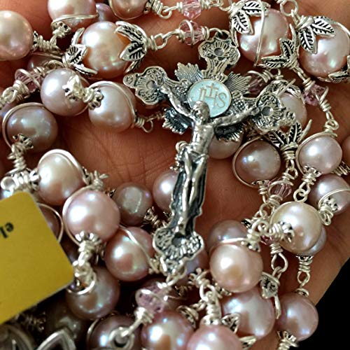 Elegantmedical Handmade Wire Wraped Bali 925 Sterling Silver Aaa+ 8-9Mm Real Purple Pearl Beads Catholic 5 Decade Rosary Necklace Cross Crucifix Box #TOP1