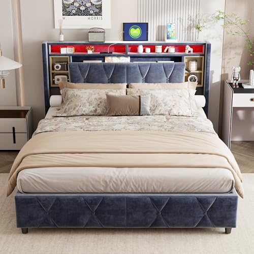 Quiaviank Cama doble tapizada de 160 x 200 cm con espacio de almacenamiento, cama hidráulica con función de carga USB e iluminación LED, estructura de cama con espacio de almacenamiento, cabecero y
