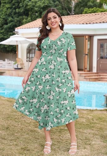 Image of Keluummi Plus Size Maxi Dress for Women V-Neck Short Sleeve with Pockets