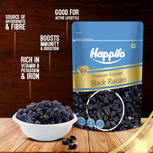 Image of Happilo Premium Afghani Black Raisins with Seeds 250g |Healthy Snacks, Dry fruits, Kishmish| Rich in Fiber, Antioxidants, Zero Cholesterol (Pack of 2)