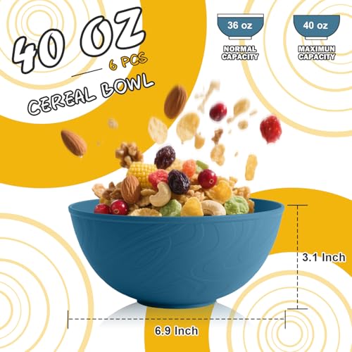 Image of Cereal Bowls 40 OZ Set of 6, Unbreakable Lightweight Bowls Set, Microwave & Dishwasher Safe, Plastic Reusable Cereal Bowls for Soup, Salad, Noodle, Snack, Fruit, Blue
