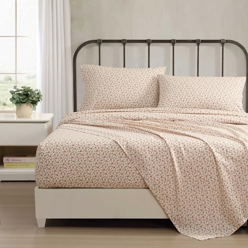 Image of Laura Ashley - Full Size Sheet Set, Crisp & Lightweight Cotton Percale Bedding with Fitted Sheet and Pillowcases, Floral Room Decor, Deep Pocket, College Dorm Room Essentials (Sweet Success Pink)