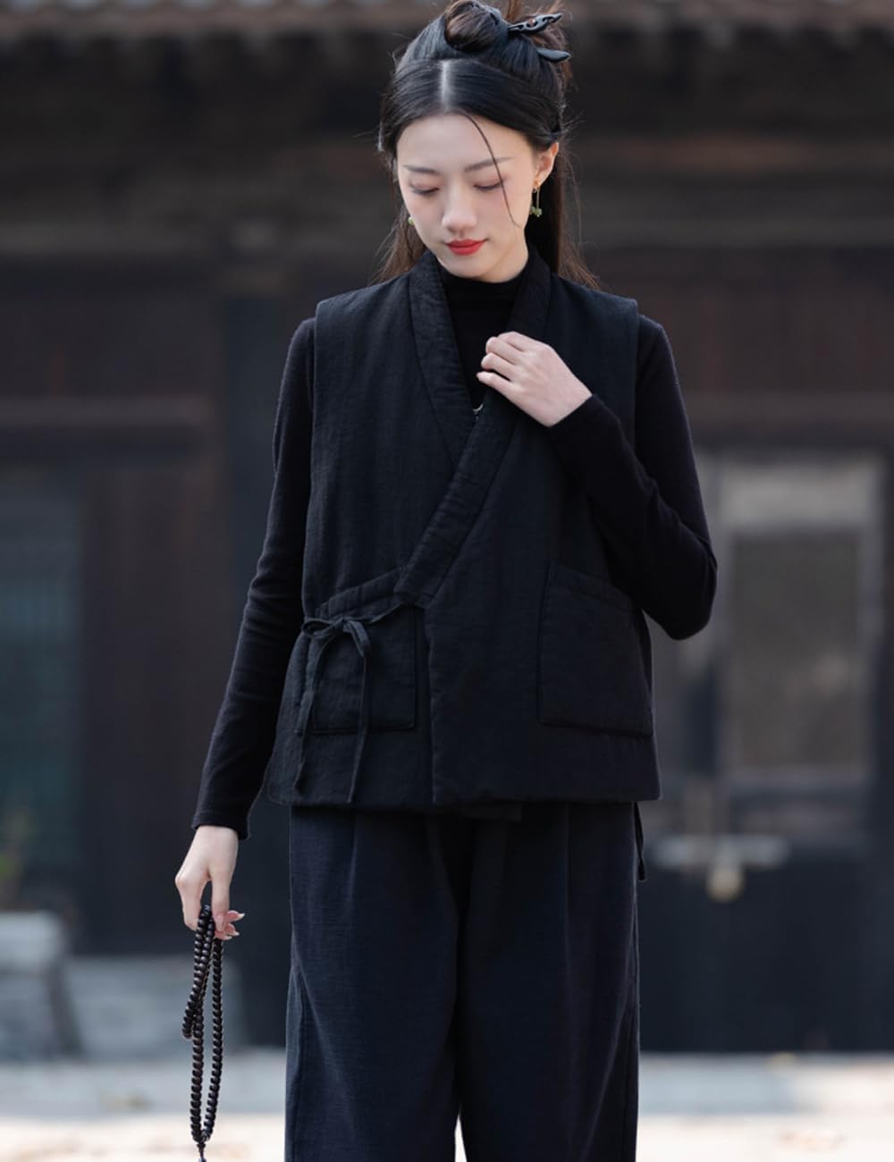 Ystylee Womens Casual Quilted Vest Lightweight Tie Up Wrap Front Jacket Outerwear with Pockets