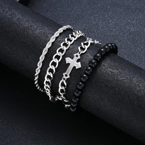 4 PCS Stainless Steel Cross Bracelets for Men Women Stainless Steel Cuban Link Bracelet Handmade Bead Link Punk Style Stackable Layered Cross Chain Bracelet Set Adjustable Punk Jewelry for Men3