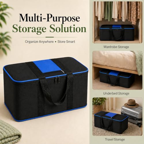 Image of DALUCI Underbed Storage Bags for Clothes Pack of 4 Large Moisture Proof Organizer with Zipper Non Woven Foldable Storage Bag for Blanket Saree Wardrobe 54 x 46 x 28 cm (Black & Blue - Large, 4 Pack)