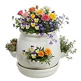 MyGift White Ceramic Plant Pot, Flower Strawberry Planter with Saucer and 4 Decorative Side Openings Design