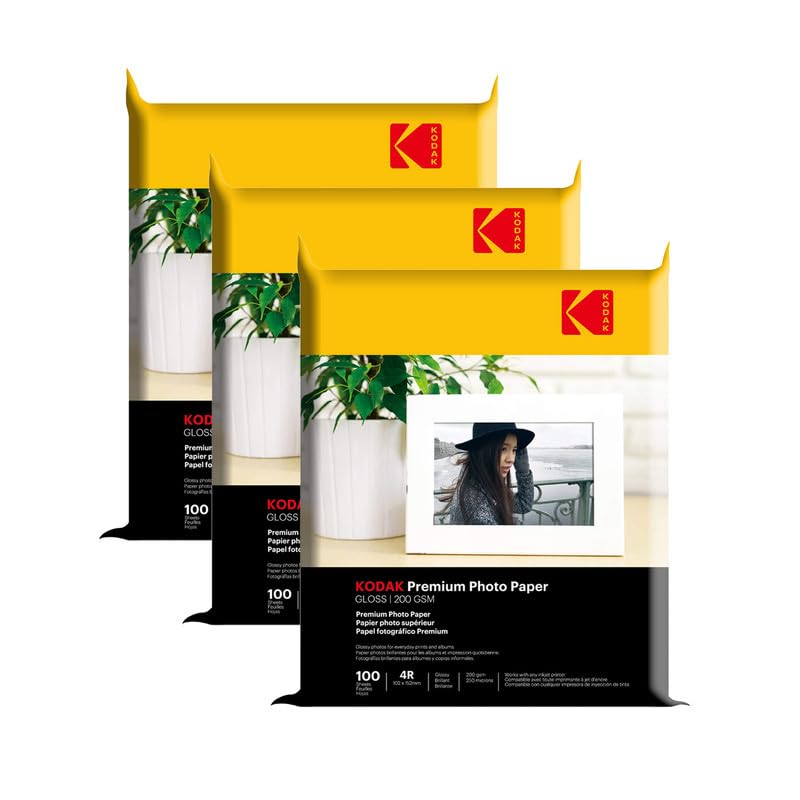 Kodak 200 GSM 4R (4×6) Glossy Photo Paper – Water Resistant, Pack of 3 x 100 sheets,Compatible with all Inkjet Printers