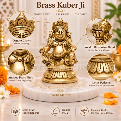 Image of Brass Kuber Ji Idol, Vastu Remedy for Wealth & Prosperity (12 cm, 550 g)