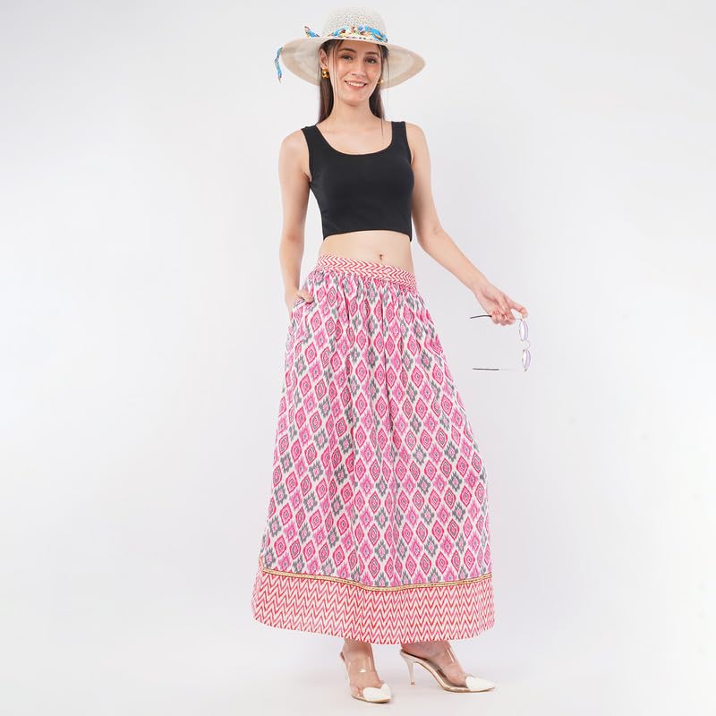 Rabhika Women’s Pink Patterned Pure Cotton Panel Maxi Skirt, Stylish Lightweight Long Skirt for Daily S 1