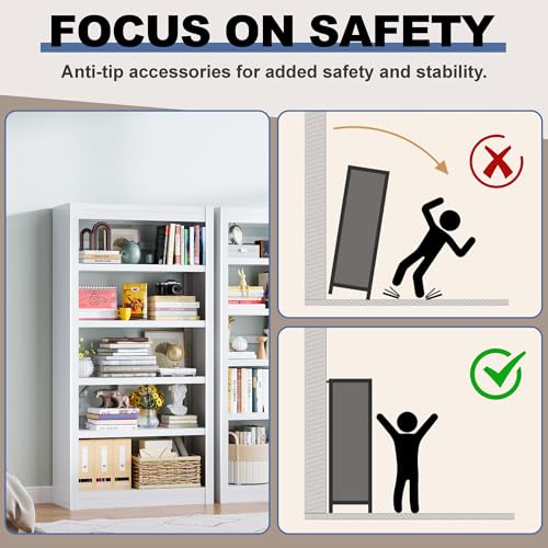 Image of 69 inch Metal Bookshelf and Bookcase | 5-Tier Adjustable Shelves, Deep Modern Storage Shelf for Living Room, Office, Bedroom, White