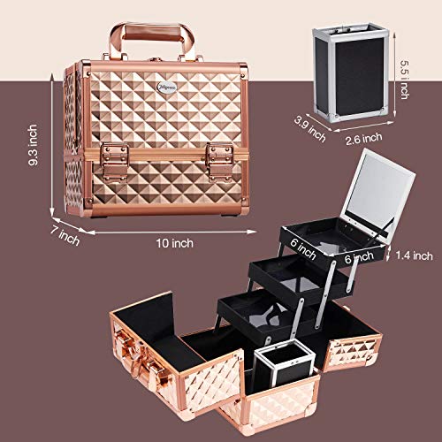 Joligrace Makeup Train Case Cosmetic Box Jewelry Organizer Professional 3 Tiers Trays with Mirror and Brush Holder Lockable Key Portable Travel - Rose Gold