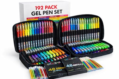 ColorIt Gel Pens Set for Coloring 192 Pack with 12 Metallic 12 Neon 72 Glitter Gel Pens - 96 Refills & 2 Travel Cases - Vibrant Colors for Journaling Writing Coloring Books & Creative Projects