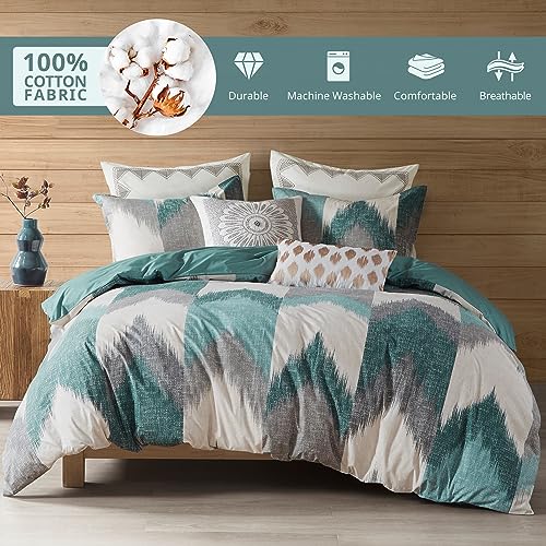 Image of Ink+Ivy Queen Size Comforter Set, Cozy Cotton Comforter, All Season, Lightweight Comforter Queen Bed Set with 2 Matching Shams, Modern Cabin Lodge Ikat Chevron Design, Aqua Full /Queen 3 Piece
