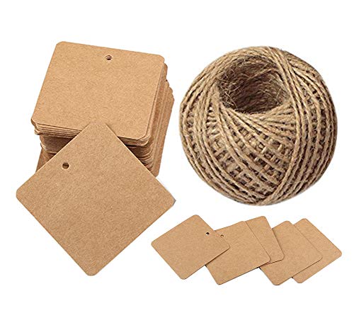 100 PCS Brown String Price Tags with String Attached Square Kraft Paper Gift Label with 100 Feet Natural Jute Twine for Wedding Christmas Crafts & Price Hang Tags Labels