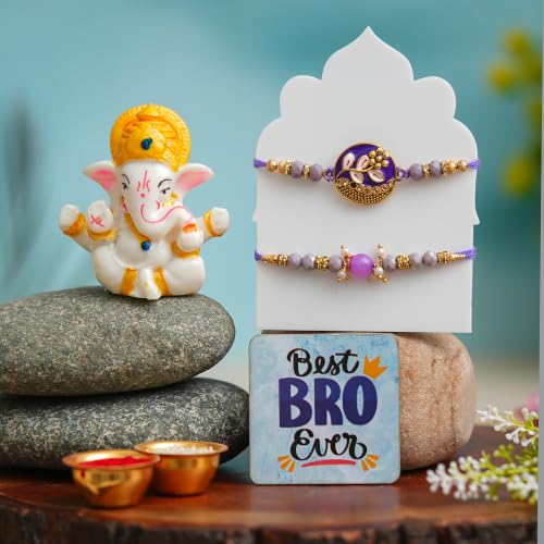 Image of eCraftIndia Set of 2 Designer Rakhis for Brother with Lord Ganesha Showpiece, Best Bro Ever Fridge Magnet & Roli Chawal Pack | Purple Designer Rakhi | Raksha Bandhan Gift