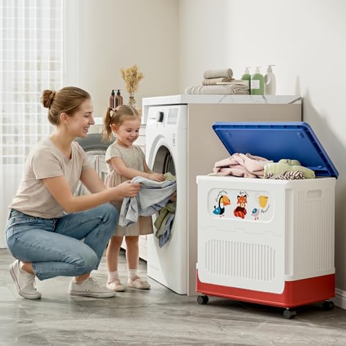 Image of HAIXIN HOME 60L Cute Laundry Hamper, Slim Rolling Laundry Hamper with Lid, Dirty Clothes Hamper Cart with Handle for Bedroom, Bathroom, Closet, Dorm, Blue Lid, White Body and Red Base - Tricolor