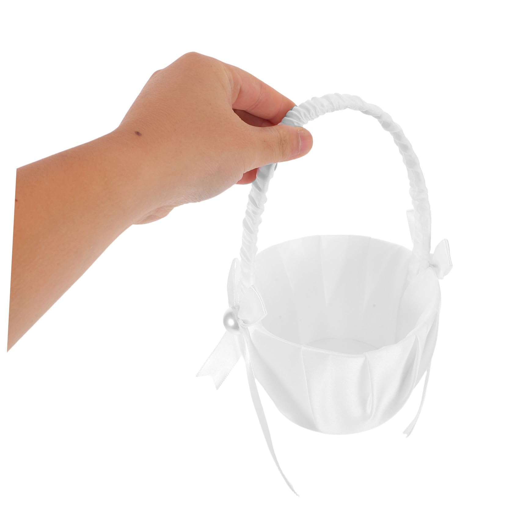 Weißer Blumenmädchenkorb aus Satin mit Perlen, Hochzeit | Schleife, Sicherer Griff, für Blüten oder Sträuße, 4 Stück, Dekorativ für Zeremonien