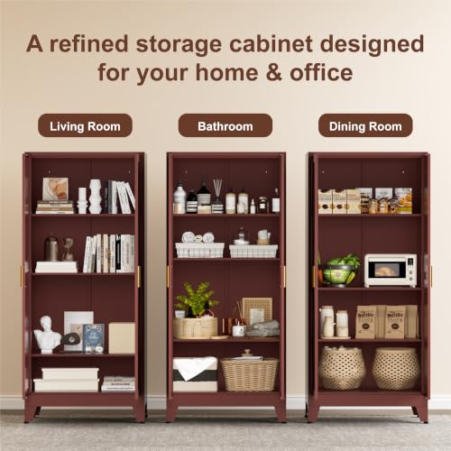 Image of LCAOPC 61 inch Tall Farmhouse Metal Pantry Cabinet, 4-Tier Freestanding Kitchen Storage Cabinet with 3 Adjustable Shelves for Living Room, Dining Room and Office, Maroon Red-Brown