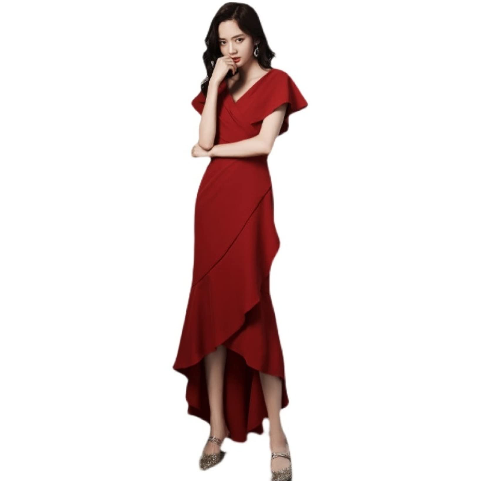 Amazon | [BKVB] パーティードレス 袖フリル 赤 キャバドレス 無地