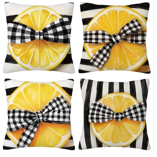 Giyuco Rayas Limón Fundas de Cojines Decorativas Cuadradas de Terciopelo, 50x50cm con Cremallera Oculta para Sofá, Oficina, Silla, Dormitorio, Jardín, Exterior Decoración del Hogar, Juego de 4. H-106