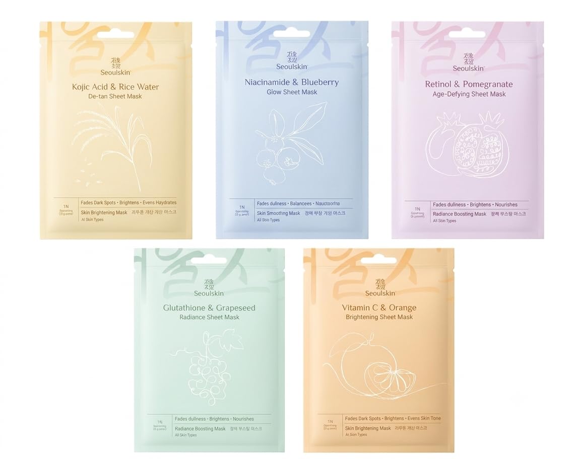 Seoulskin Korean Sheet Mask Combo for Women & Men, Pack of 5 | Kojic Acid & Rice Water De-Tan, Glutathione & Grapeseed Radiance, Retinol & Pomegranate Age-Defying, Niacinamide & Blueberry Glow, Vitamin C & Orange Brightening Face Masks | Hydrating & Brightening | 20 g Each-image-12