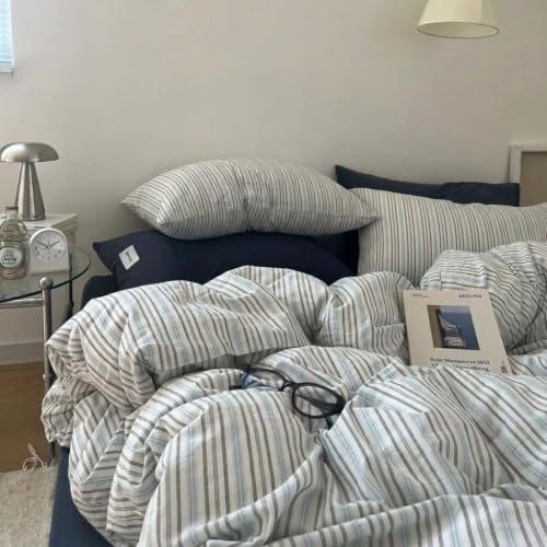 Image of Nayoroom Striped Duvet Cover Queen Size Blue White Striped Duvet Cover Aesthetic Dorm Bedding Set 3 Pieces Soft Lightweight Microfiber Farmhouse Bedding Set Gifts for Women Men