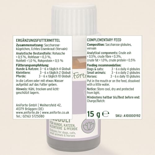 AniForte Vervain Bachblüten zur Beruhigung bei niedriger Reizschwelle, Hektik und hektischem Verhalten - Globuli für Hunde, Katzen, Haustiere