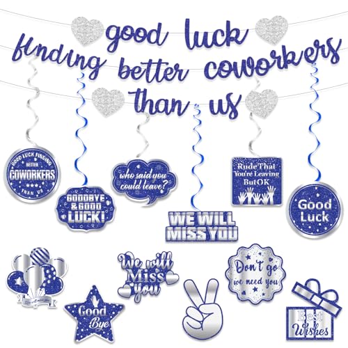 Image of Pre-Strung Glitter Good Luck Finding Better Coworkers Than Us Banner, Blue Silver Going Away Party We Will Miss You Decorations, Great for Goodbye Farewell Job Change Party