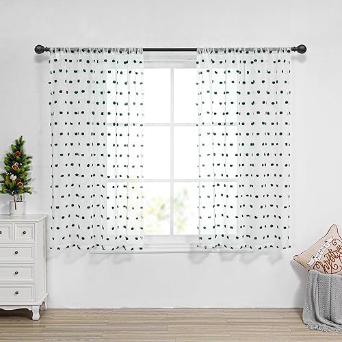 Image of MYSKY HOME Hunter Green Pom Pom Curtain for Kitchen Window 54 Inch 2 Pieces