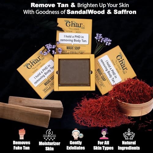 Image of Fujino Apne Ghar Soap Sandalwood & Saffron Magic Soaps For Bath (100 Gms) | Paraben Free | Chandan & Kesar Bath Soap | Handmade Soaps For Glowing | Skin Brightening Soap For Men & Women (Pack of 3)