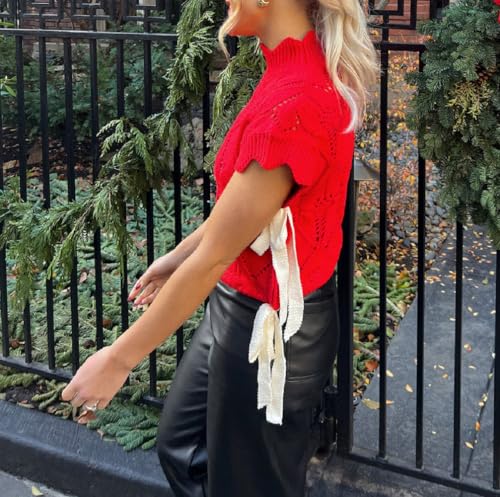 Image of Women Side Tie Sweater Vest Scallop Trim Mock Neck Knit Vest Bow Lace Up Ribbon Sweater Tank Top Knitwear