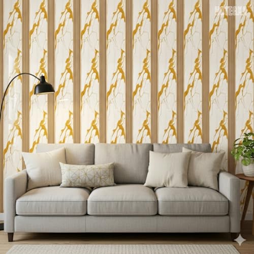 Image of Hotegxa Golden Marble Wooden Louvers Wallpaper for Walls | Self Adhesive Waterproof PVC Peel & Stick Wallpaper | TV Unit Wall Sticker for Living Room, Bedroom, Office Decor (45 x 300 CM)
