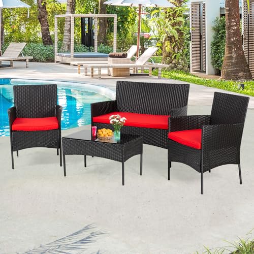 PayLessHere Outdoor Furniture Set 4Pc Modular Patio Furniture Set Water Resistant Conversation Set with 3 Rattan Chairs 1 Tempered Glass Topped Table Seat Cushions for Patio Balcony Poolside, Red - Image 2