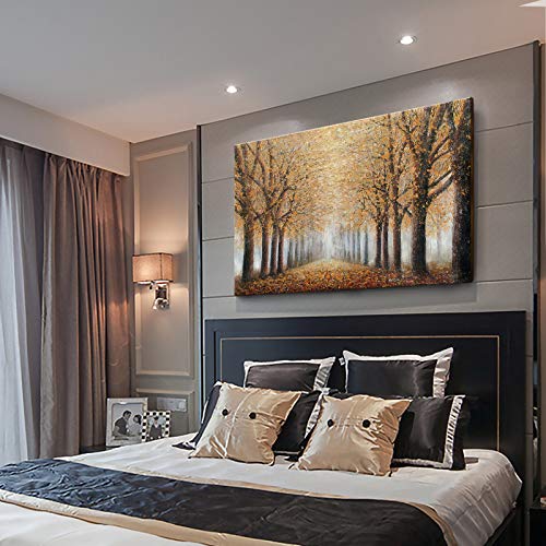 Image of Ejart Large Tree Wall Art for Living Room Hand-Painted Forest Oil Painting Framed Yellow Grove Artwork Autumn Landscape Canvas Print for Living Room Bedroom Home Decorations Wall Decor Large 48 inchx32 inch